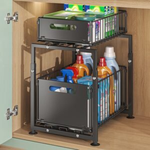 🎉 2026 Sale — Over 31,000 Sold! 🗄️ Carbon Steel Double-Tier Pull Out Cabinet Organizer – Independent Slides, 5 Height Levels – Heavy Items, Easy Access! ✨